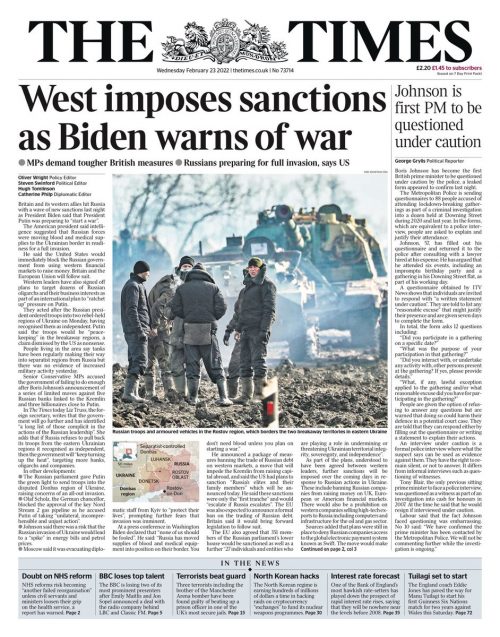 Times Front Page 23rd of February 2022 - Tomorrow's Papers Today!