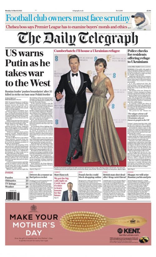 Daily Telegraph Front Page 14th Of March 2022 - Tomorrow's Papers Today!