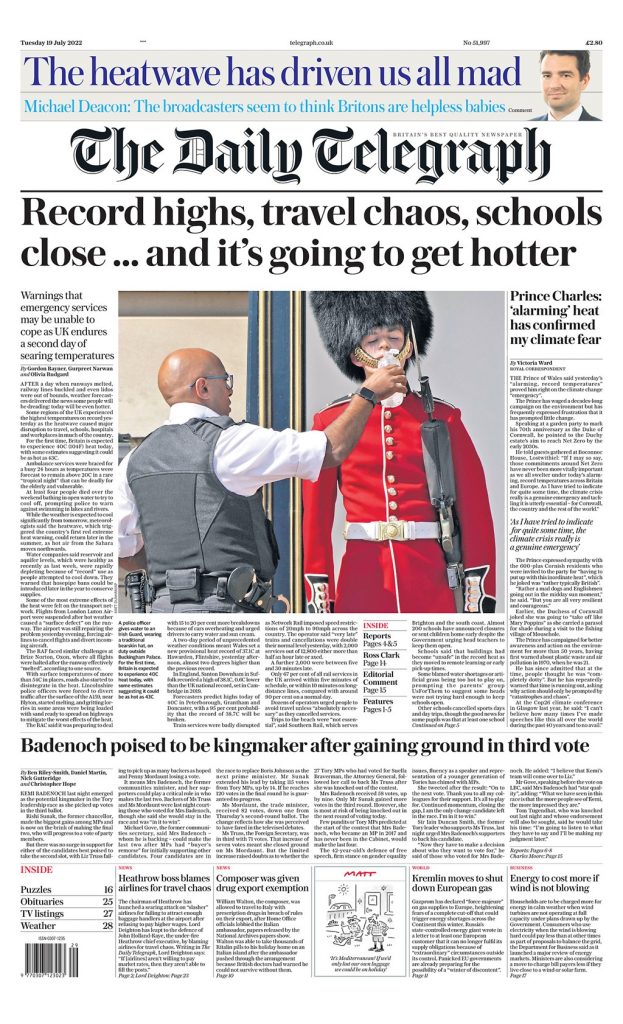 Daily Telegraph Front Page 19th of July 2022 - Tomorrow's Papers Today!