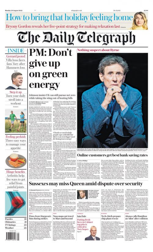 Daily Telegraph Front Page 29th of August 2022 - Tomorrow's Papers Today!