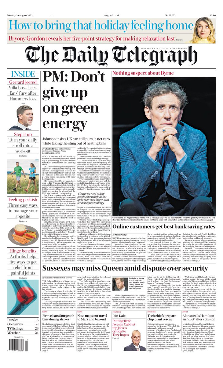 Daily Telegraph Front Page 29th Of August 2022 Tomorrows Papers Today 