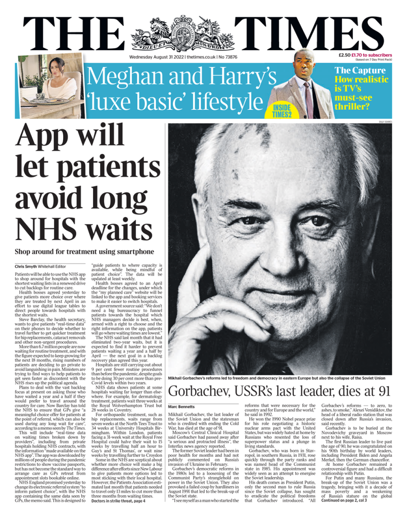 Times Front Page 31st Of August 2022 Tomorrows Papers Today 