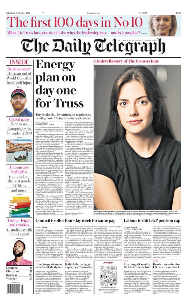 Daily Telegraph Front Page 3rd Of September 2022 Tomorrows Papers Today