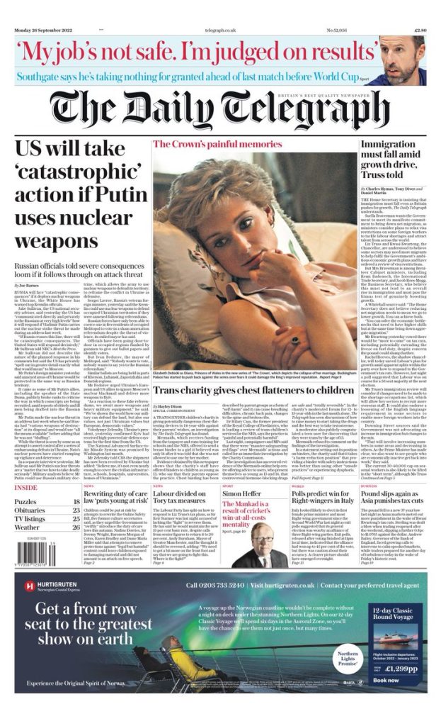 Daily Telegraph Front Page 26th of September 2022 - Tomorrow's Papers ...