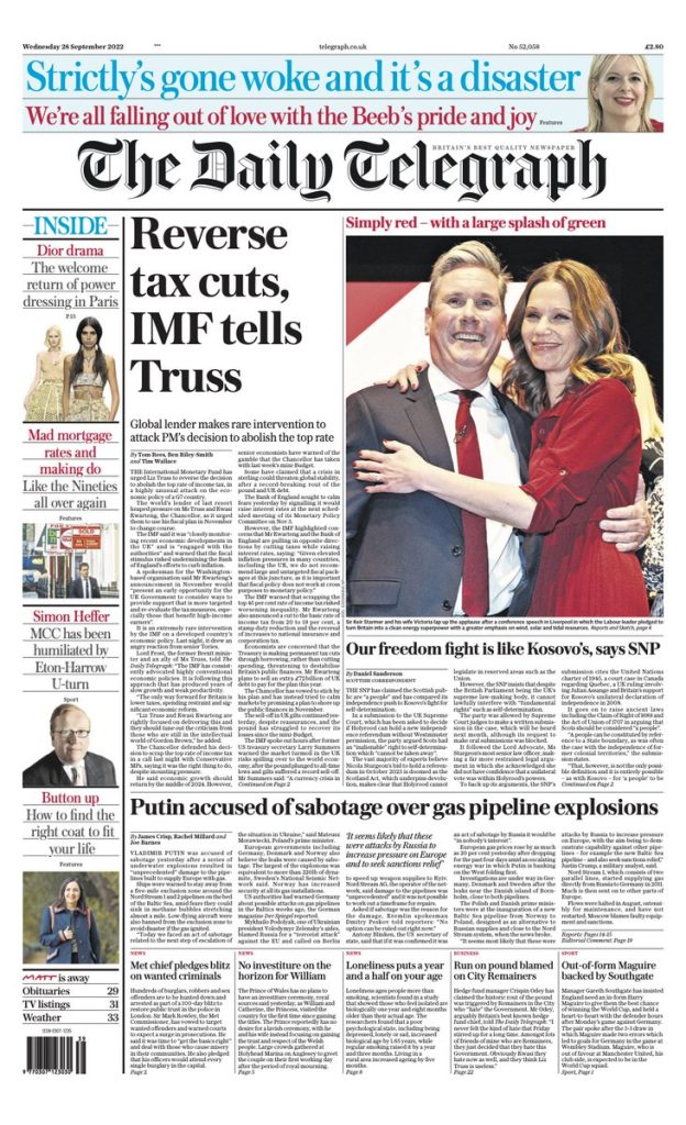 Daily Telegraph Front Page 28th Of September 2022 Tomorrows Papers Today 0139