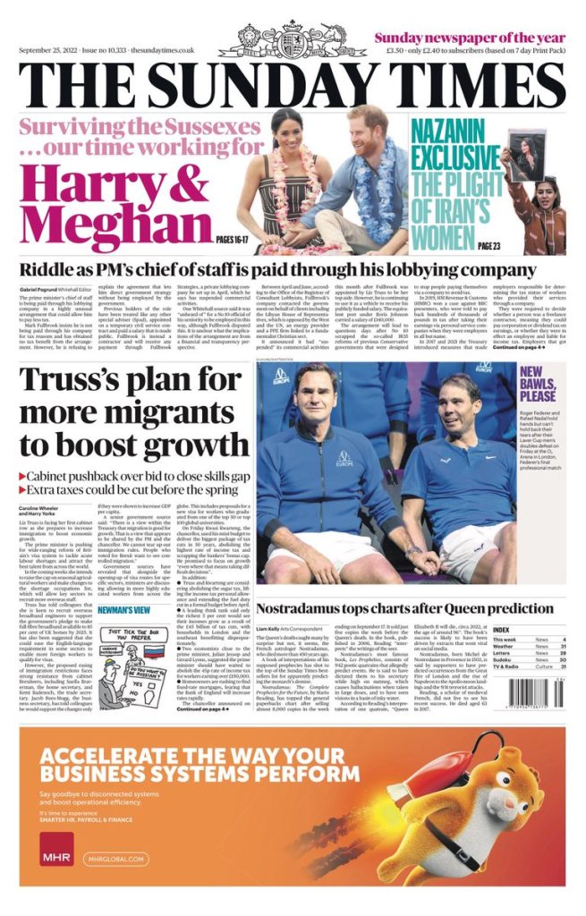 Sunday Times Front Page 25th of September 2022 Tomorrow's Papers Today!