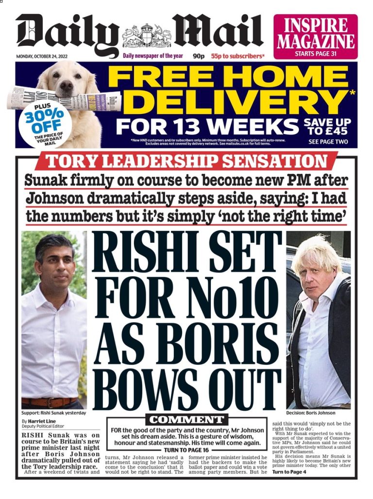 Daily Mail Front Page 24th of October 2022 Tomorrow's Papers Today!