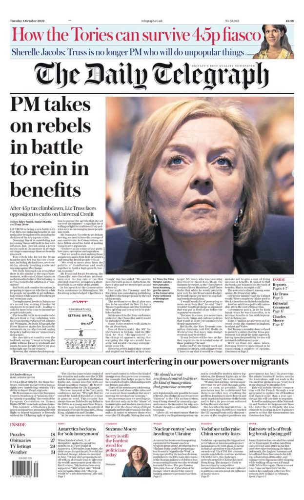 Daily Telegraph Front Page 4th Of October 2022 Tomorrows Papers Today