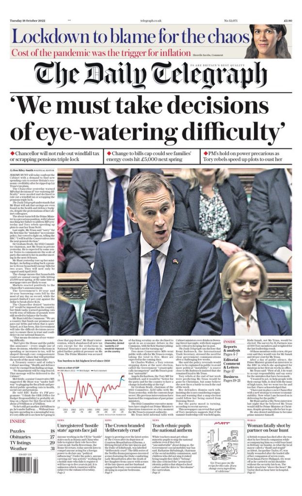 Daily Telegraph Front Page 18th Of October 2022 - Tomorrow's Papers Today!