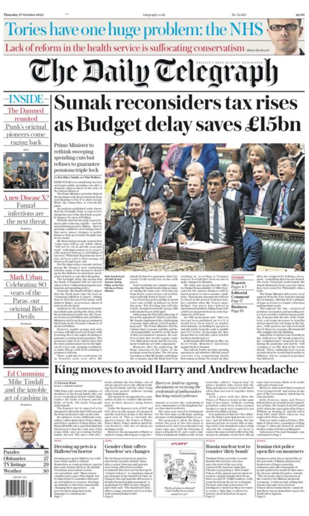 Daily Telegraph Front Page 27th of October 2022 - Tomorrow's Papers Today!