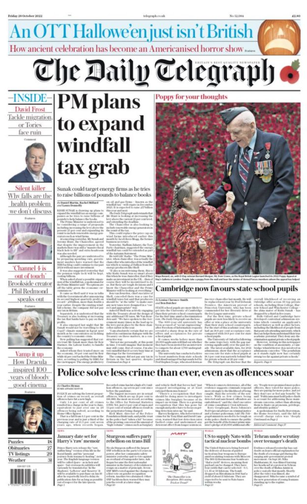 Daily Telegraph Front Page 28th of October 2022 - Tomorrow's Papers Today!