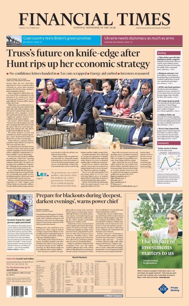 Financial Times Front Page 18th of October 2022 - Tomorrow's Papers Today!