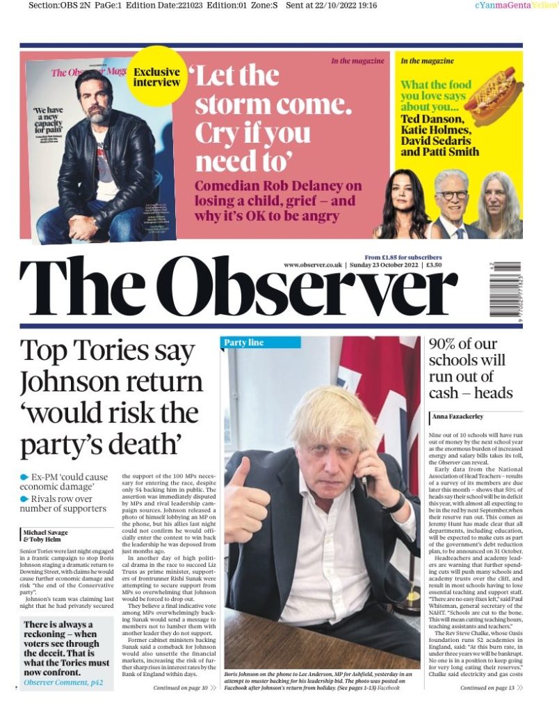 Observer Front Page 23rd Of October 2022 - Tomorrow's Papers Today!