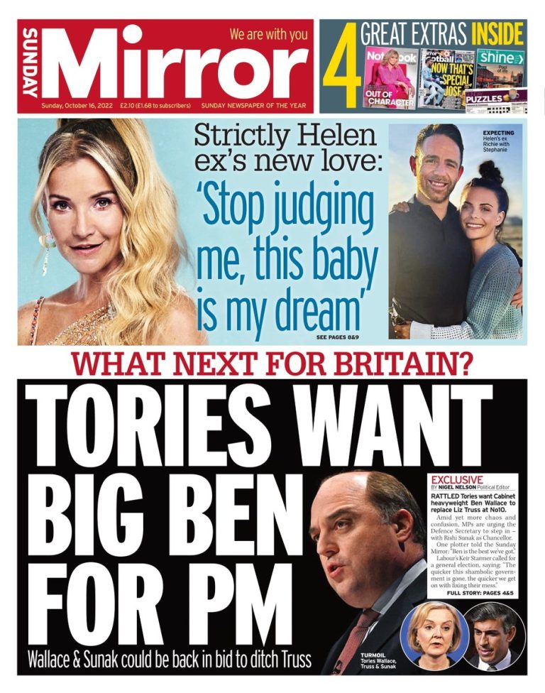 Sunday Mirror Front Page 16th Of October 2022 Tomorrows Papers Today