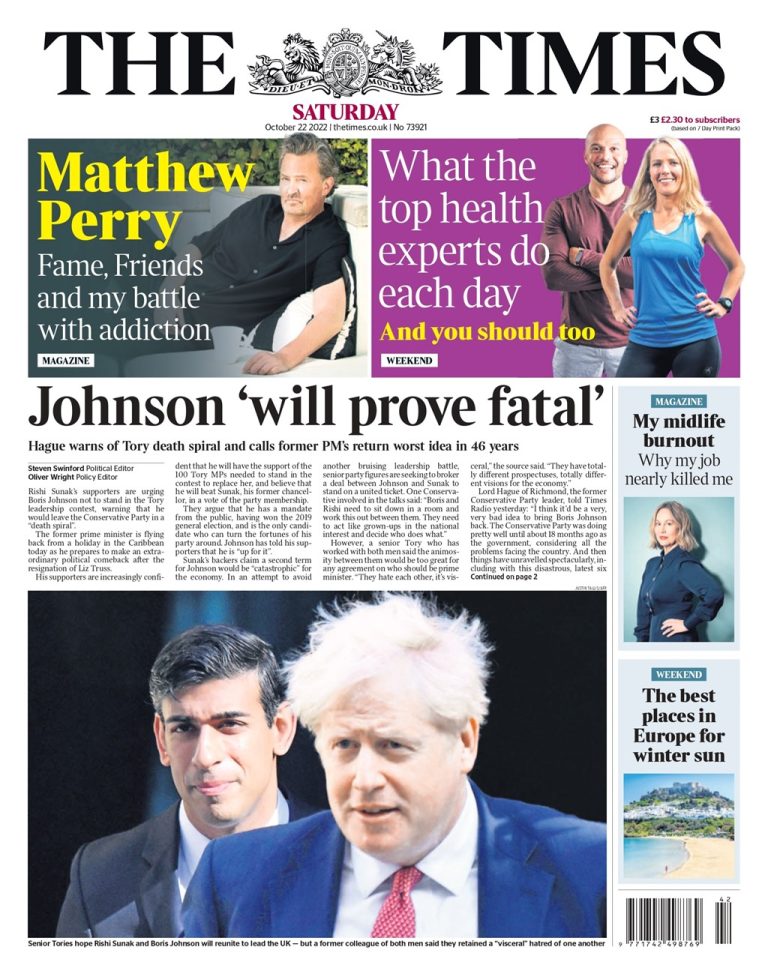 Times Front Page 22nd Of October 2022 - Tomorrow's Papers Today!