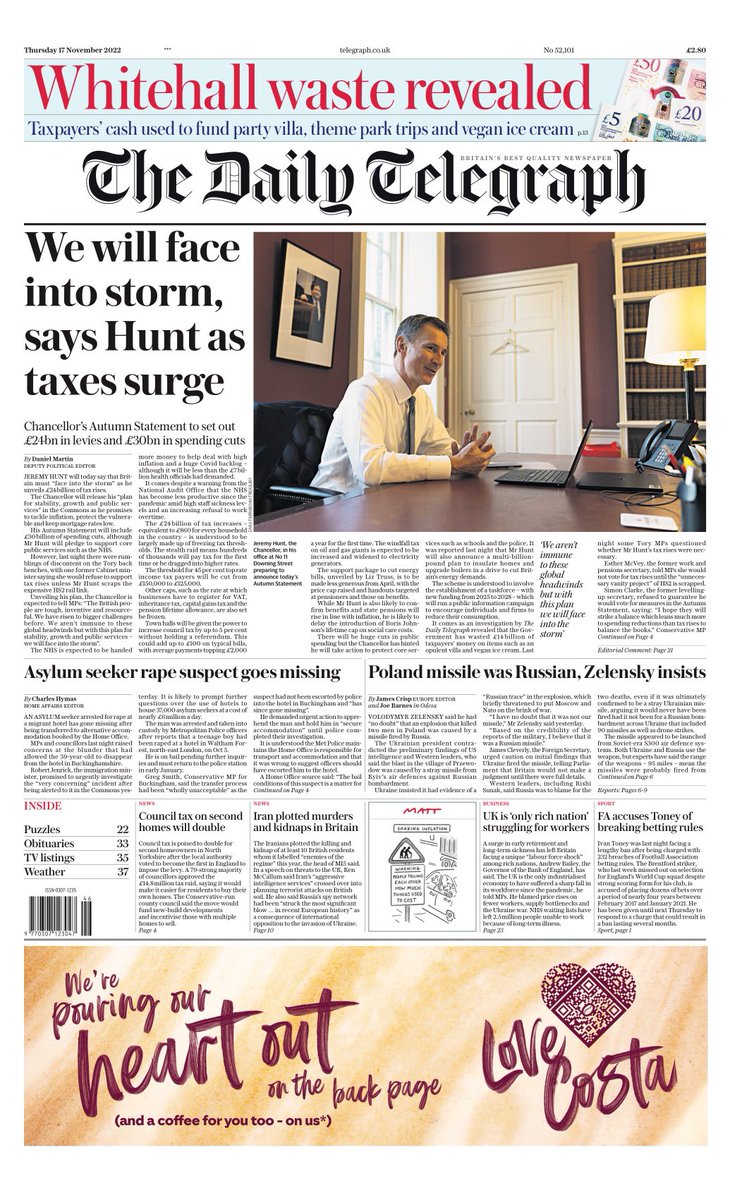 Daily Telegraph Front Page 17th Of November 2022 Tomorrow S Papers Today