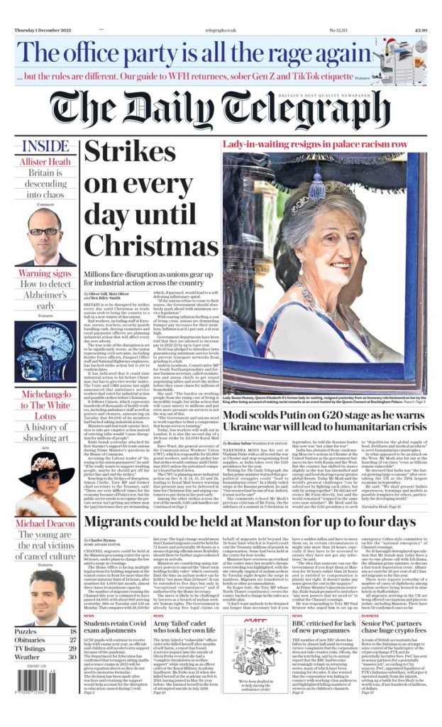 Daily Telegraph Front Page 1st of December 2022 - Tomorrow's Papers Today!