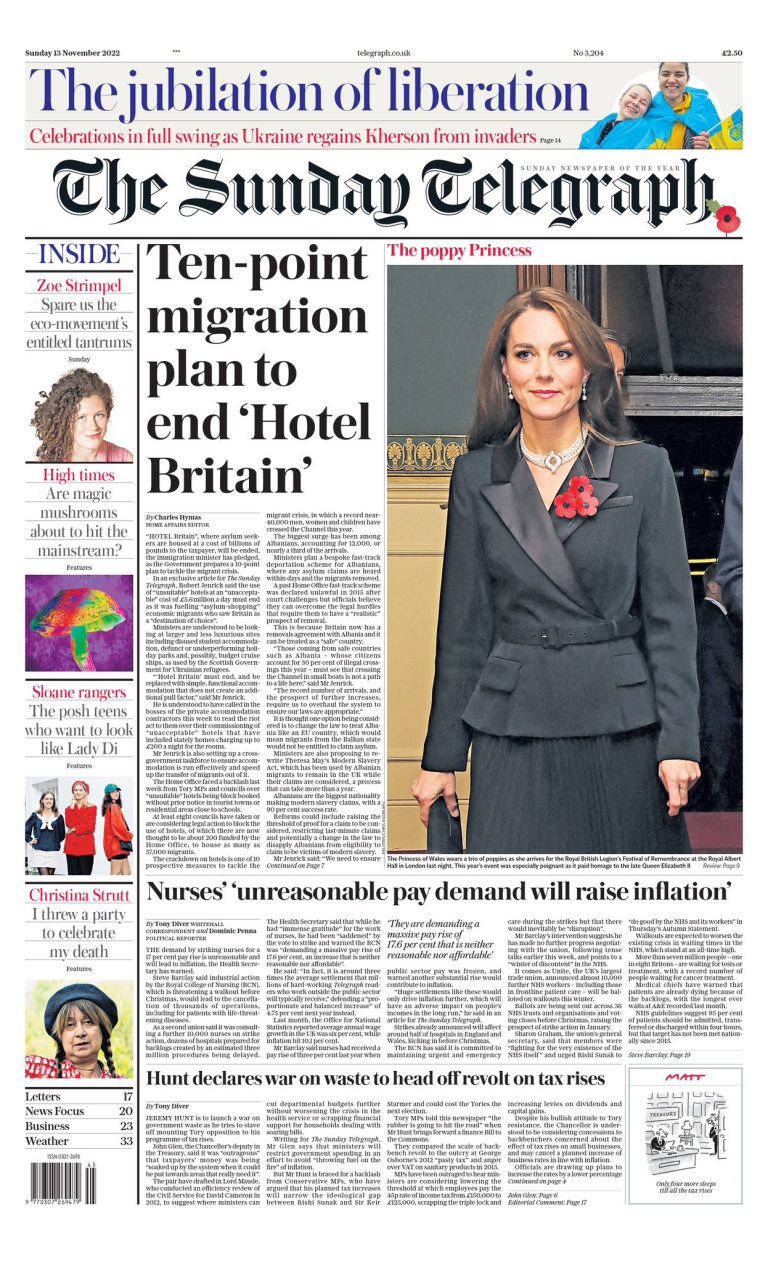 Sunday Telegraph Front Page 13th Of November 2022 - Tomorrow's Papers ...