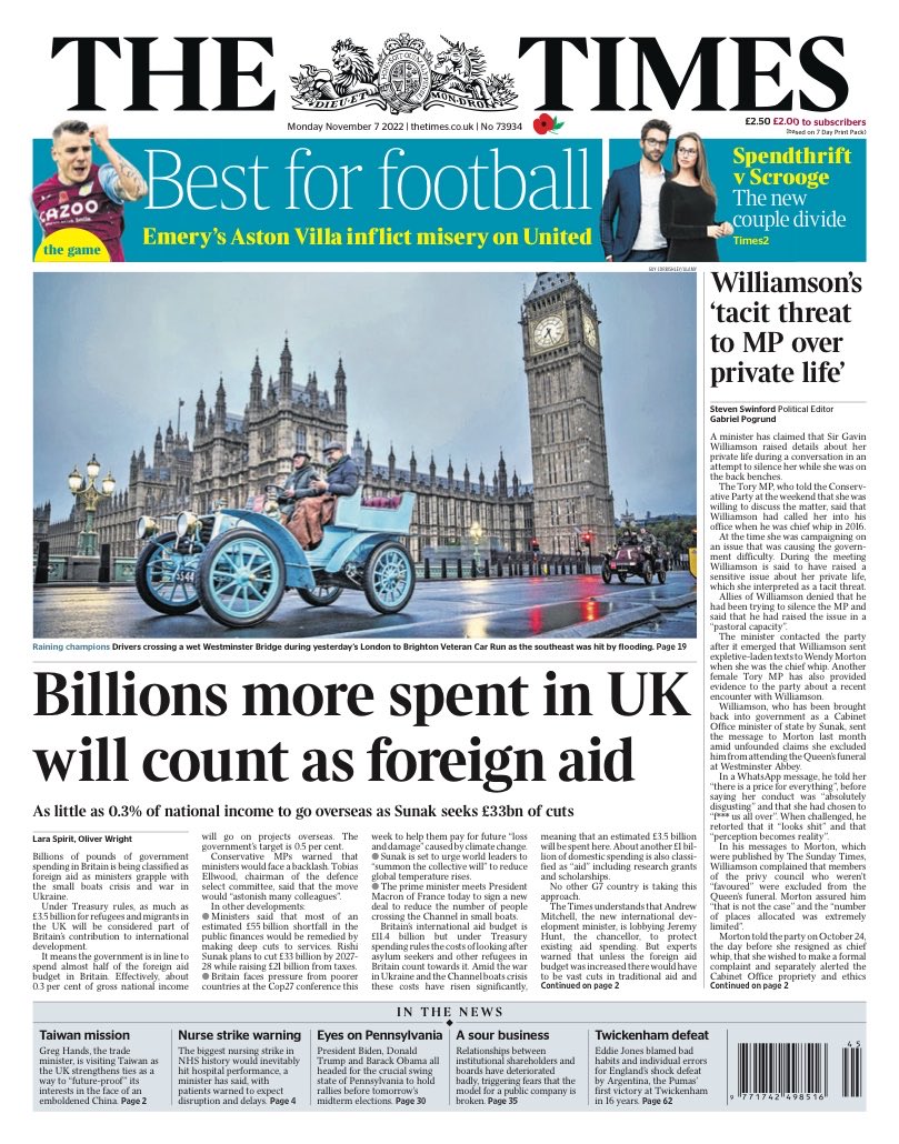 Times Front Page 7th of November 2022 - Tomorrow's Papers Today!