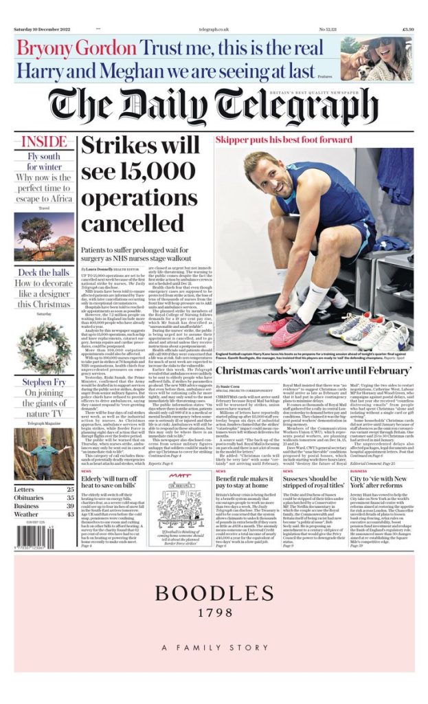 Daily Telegraph Front Page 10th of December 2022 Tomorrow's Papers Today!