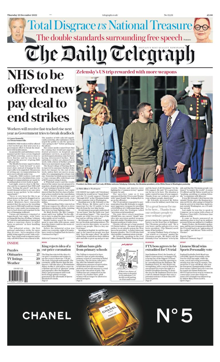 Daily Telegraph Front Page 22nd of December 2022 - Tomorrow's Papers Today!