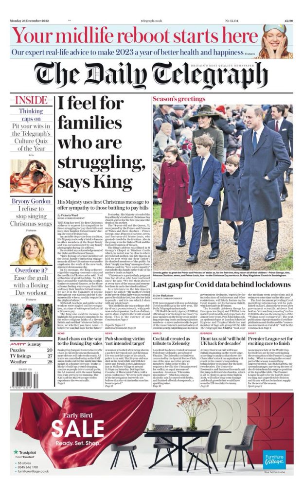 Daily Telegraph Front Page 26th of December 2022 Tomorrow's Papers Today!