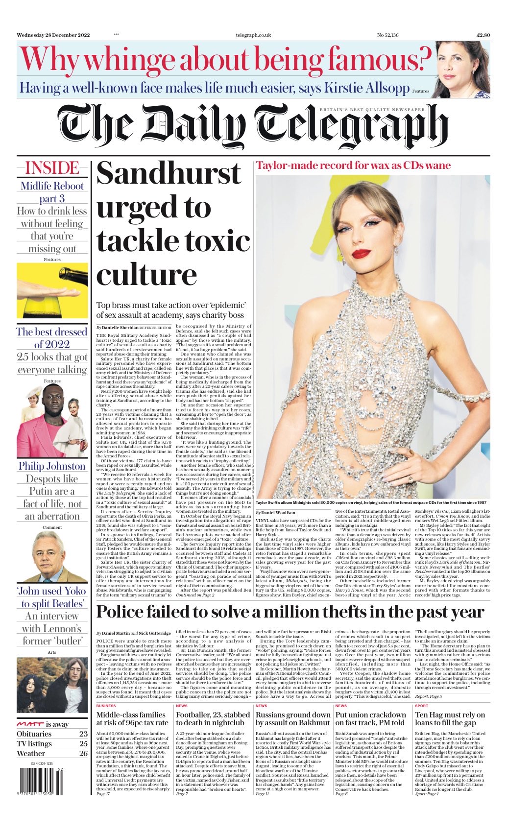 Daily Telegraph Front Page 28th Of December 2022 Tomorrow S Papers Today