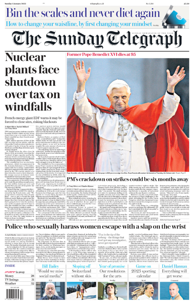 Sunday Telegraph Front Page 1st of January 2023 - Tomorrow's Papers Today!