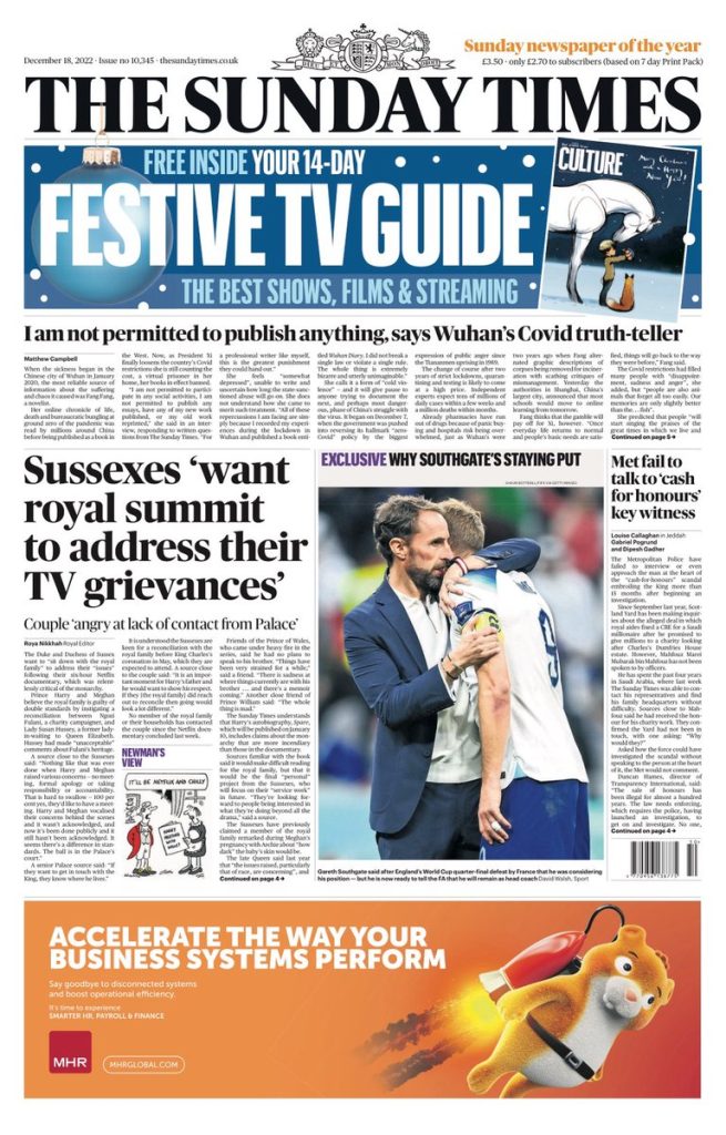 Sunday Times Front Page 18th Of December 2022 - Tomorrow's Papers Today!