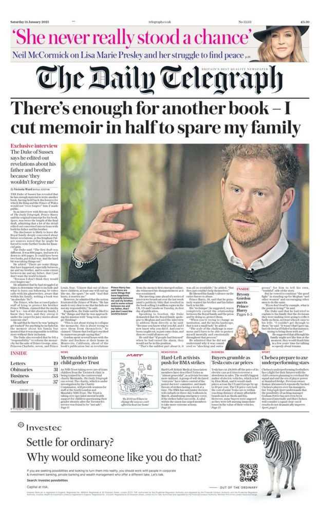 Daily Telegraph Front Page 14th of January 2023 - Tomorrow's Papers Today!