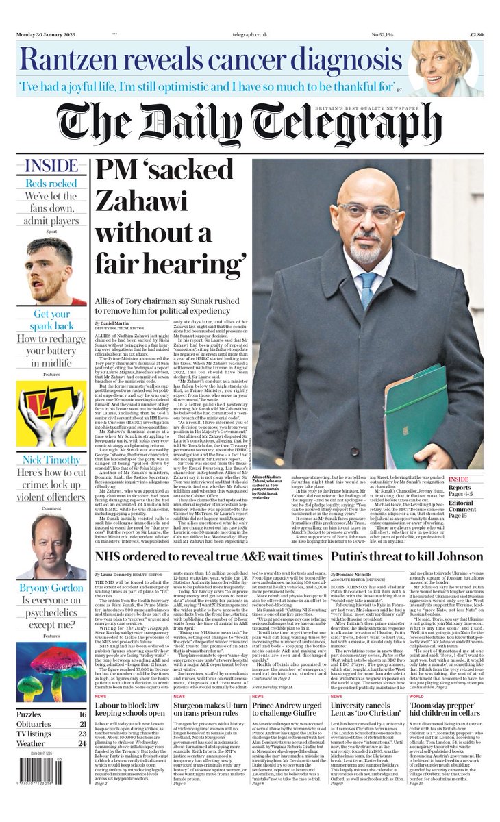 Daily Telegraph Front Page 30th Of January 2023 Tomorrows Papers Today 6932