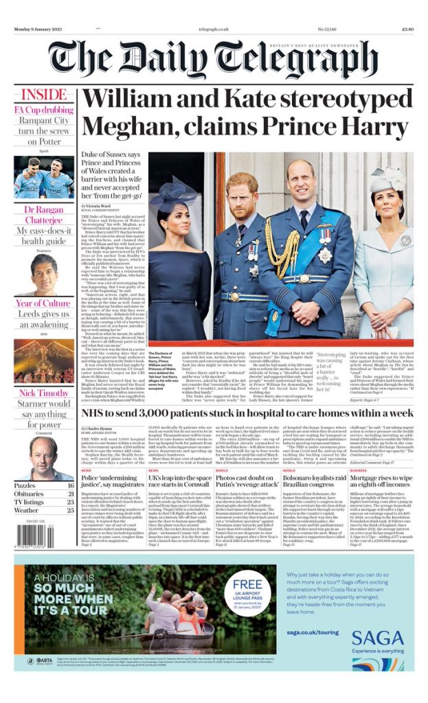 Daily Telegraph Front Page 9th Of January 2023 - Tomorrow's Papers Today!