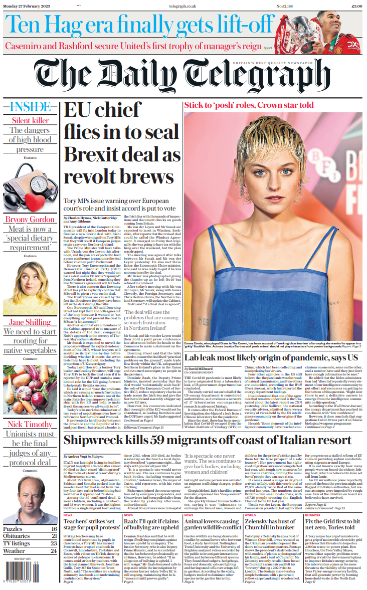 Daily Telegraph Front Page 27th Of February 2023 Tomorrows Papers Today
