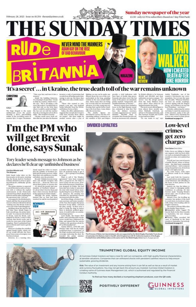 Sunday Times Front Page 26th of February 2023 - Tomorrow's Papers Today!