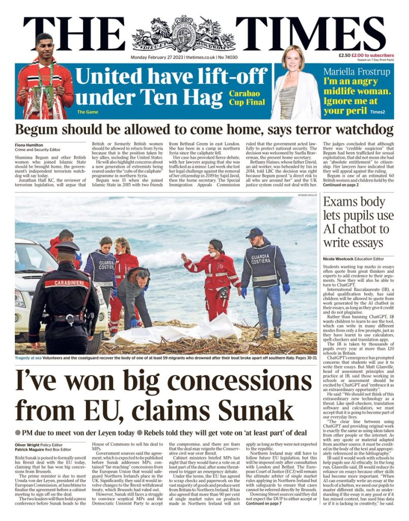 Times Front Page 27th of February 2023 - Tomorrow's Papers Today!