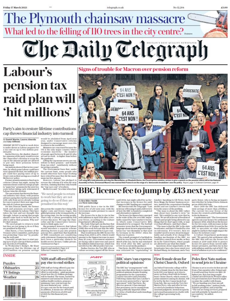 Daily Telegraph Front Page 17th Of March 2023 Tomorrows Papers Today