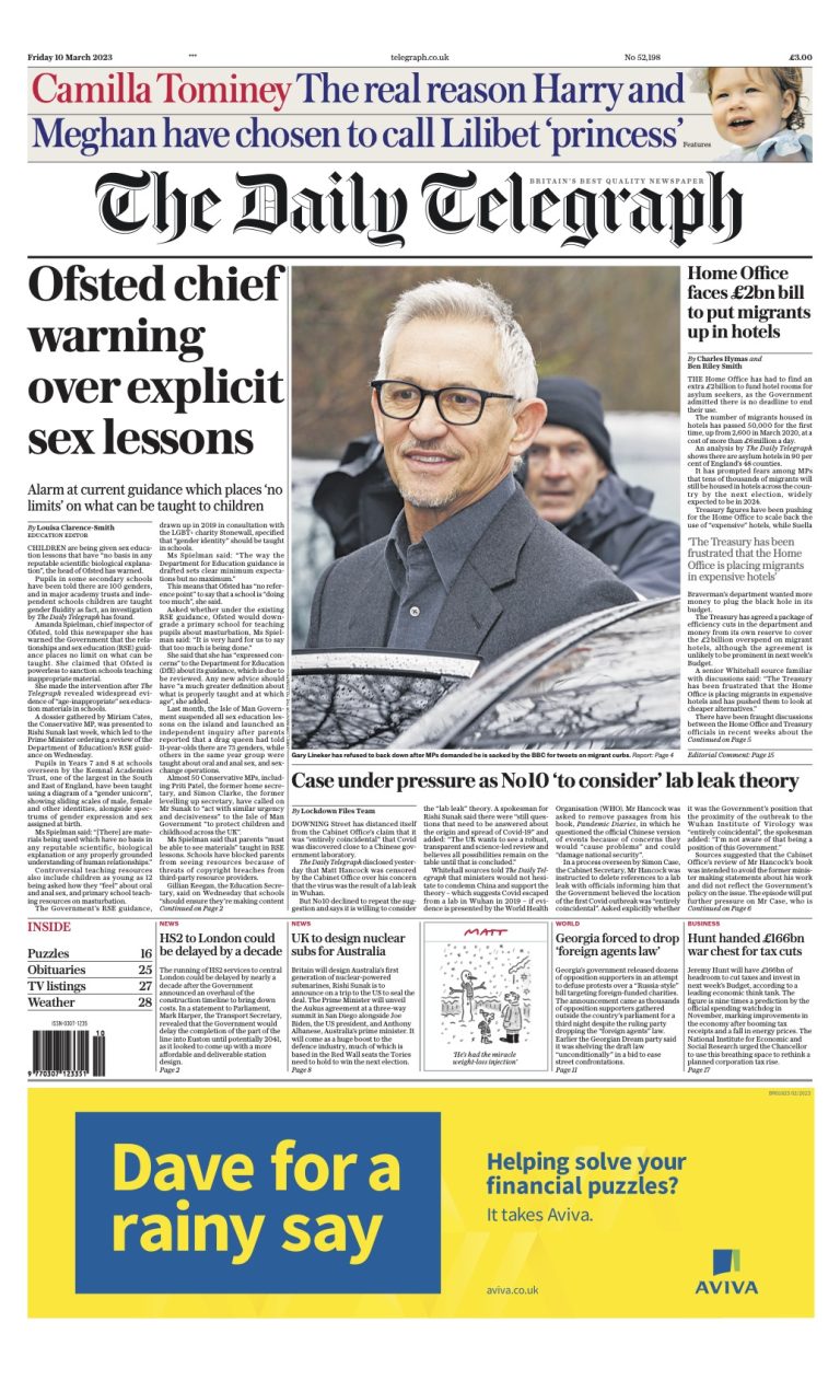 Daily Telegraph Front Page 10th of March 2023 - Tomorrow's Papers Today!