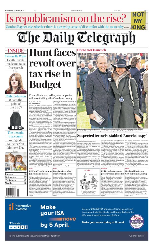 Daily Telegraph Front Page 15th Of March 2023 Tomorrows Papers Today 6373
