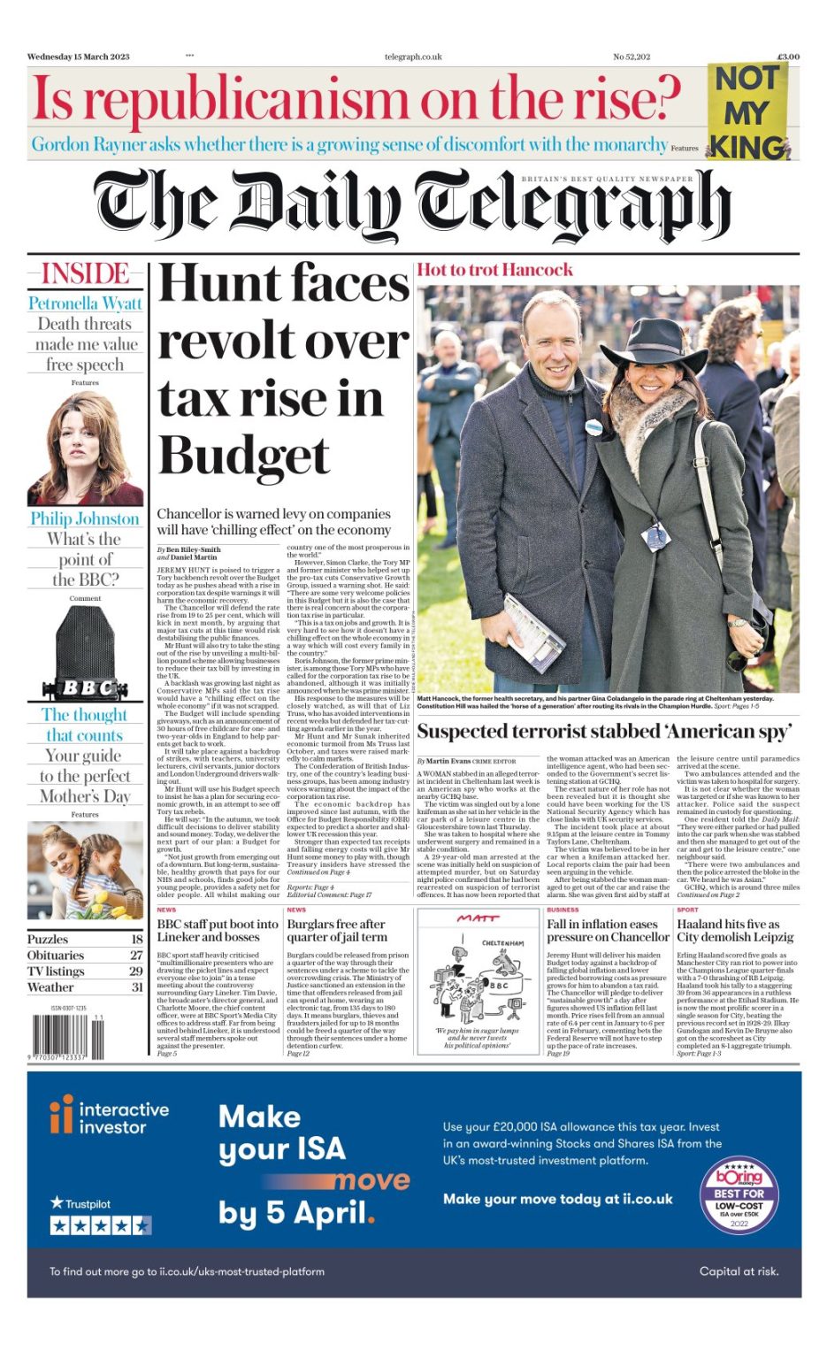 Daily Telegraph Front Page 15th Of March 2023 Tomorrows Papers Today