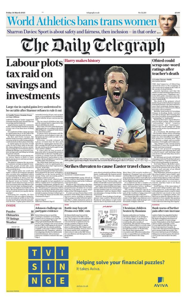 Daily Telegraph Front Page 24th of March 2023 - Tomorrow's Papers Today!