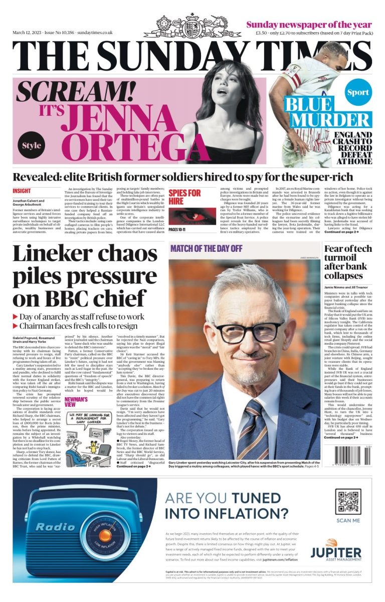 Sunday Times Front Page 12th Of March 2023 - Tomorrow's Papers Today!