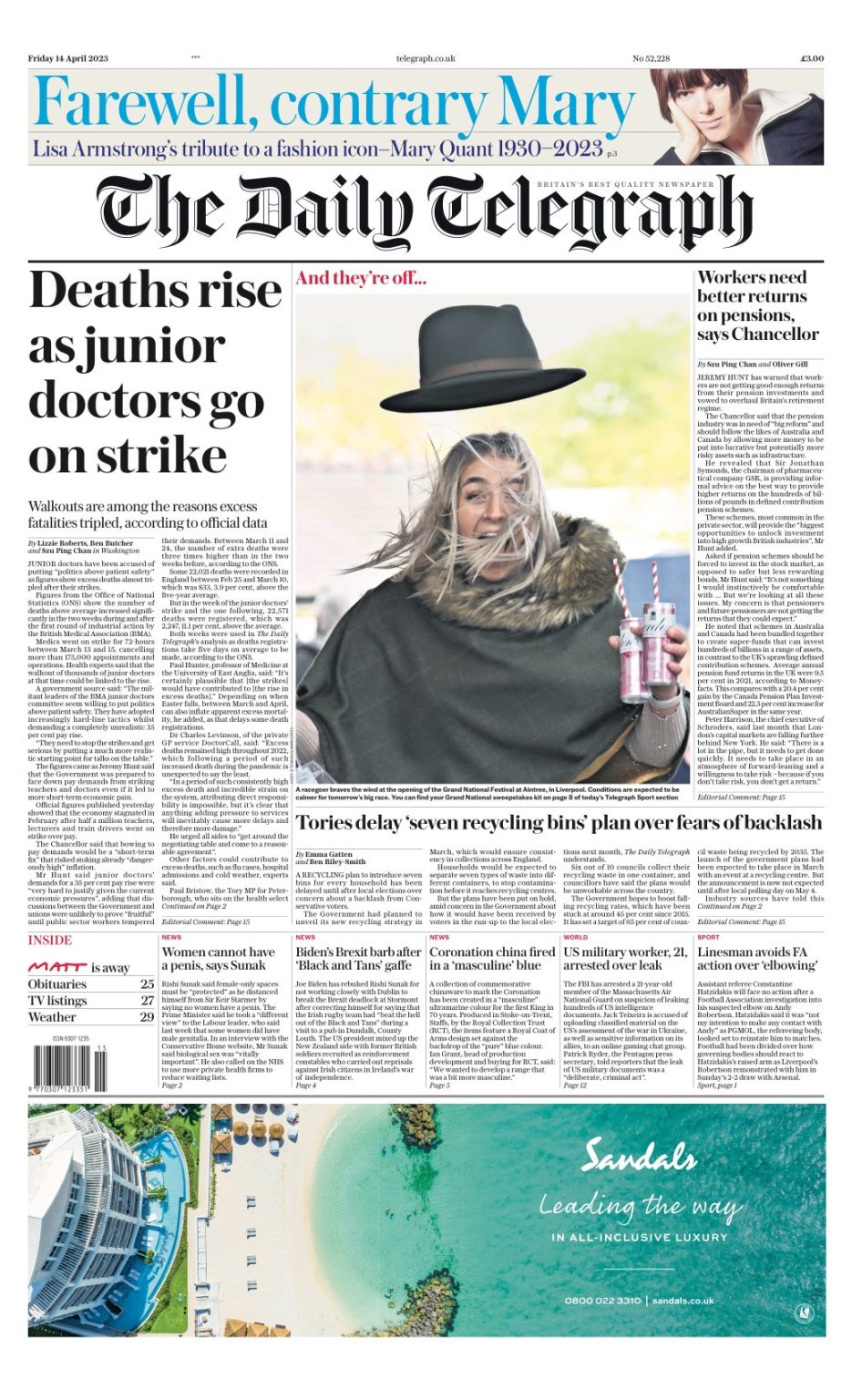 Daily Telegraph Front Page 14th of April 2023 Tomorrow's Papers Today!