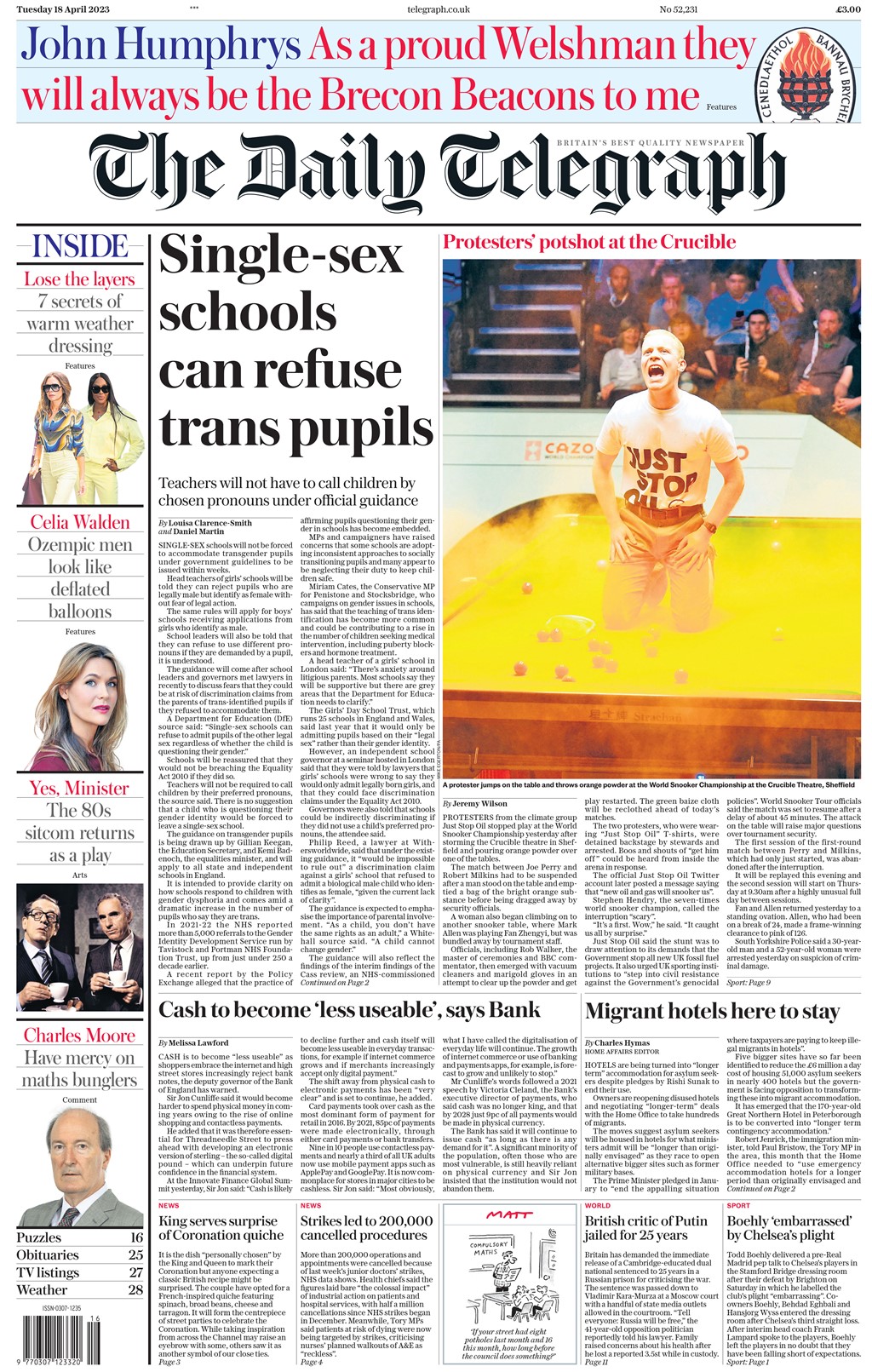 Daily Telegraph Front Page 18th of April 2023 Tomorrow's Papers Today!