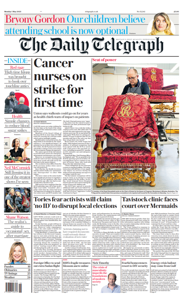 Daily Telegraph Front Page 1st of May 2023 - Tomorrow's Papers Today!