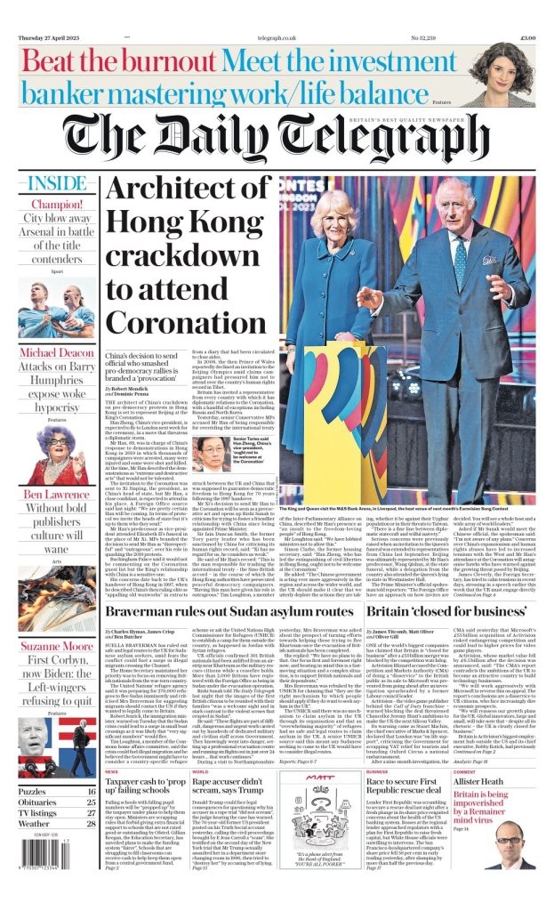 Daily Telegraph Front Page 27th of April 2023 Tomorrow's Papers Today!