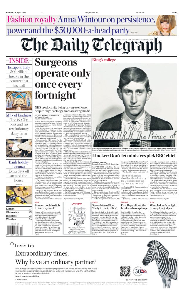 Daily Telegraph Front Page Th Of April Tomorrow S Papers Today