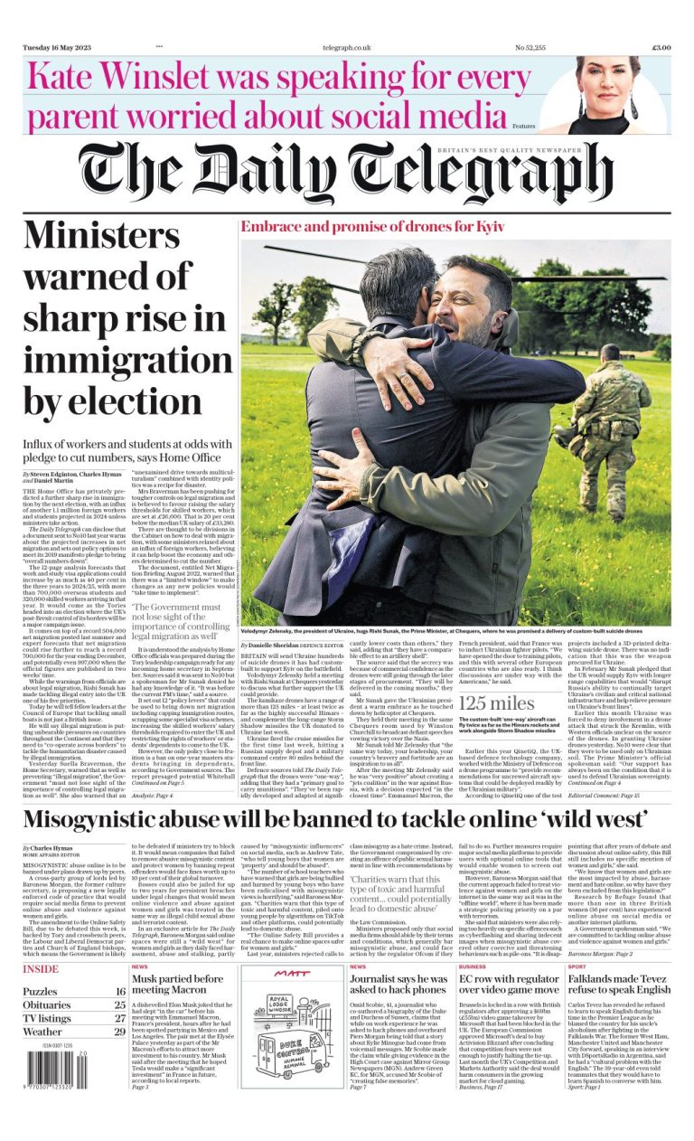 Daily Telegraph Front Page 16th of May 2023 - Tomorrow's Papers Today!