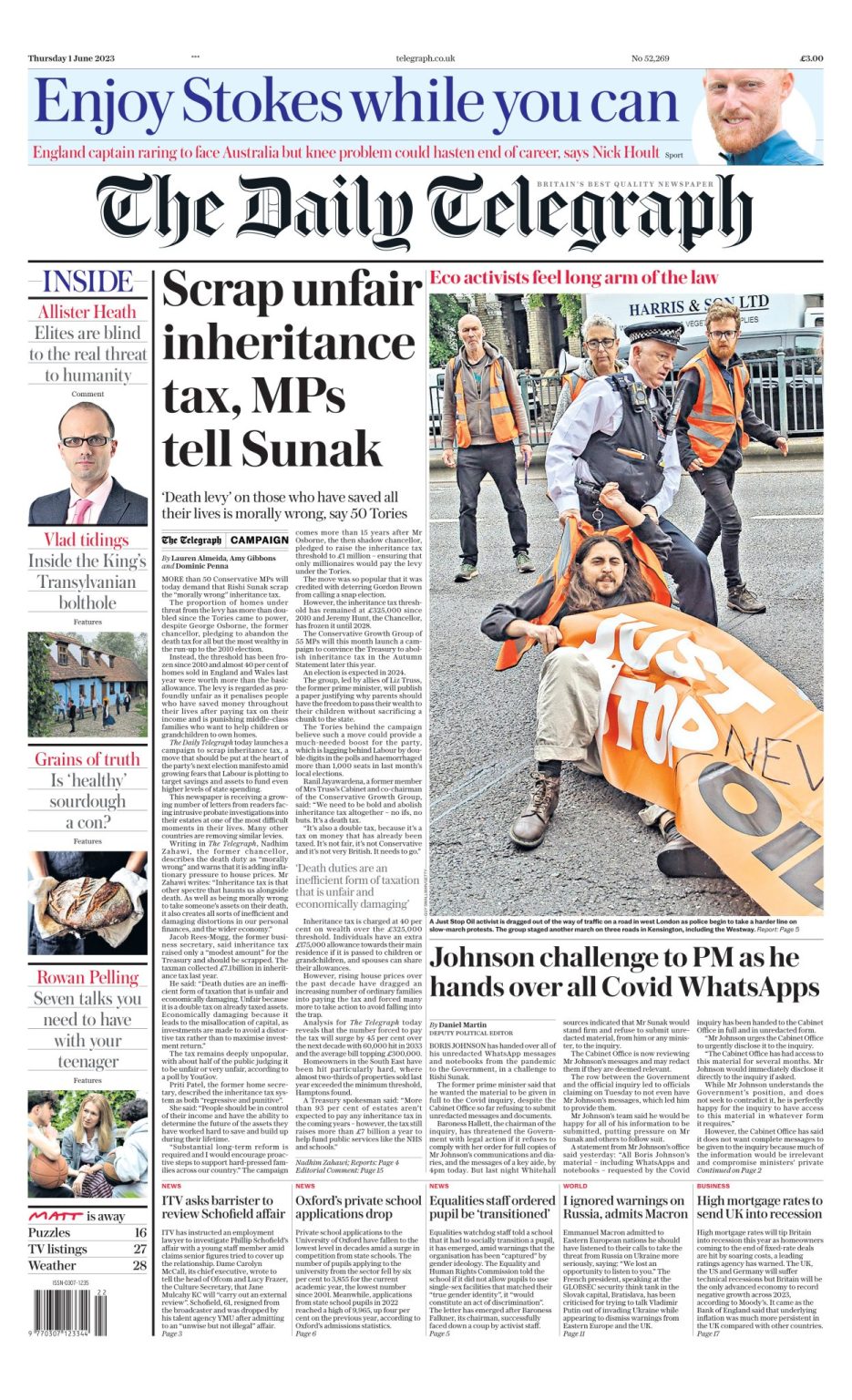 Daily Telegraph Front Page 1st of June 2023 Tomorrow's Papers Today!