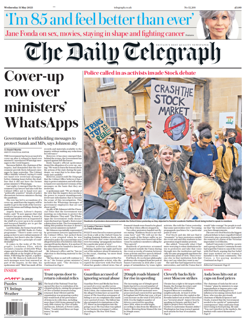 Daily Telegraph Front Page 31st Of May 2023 Tomorrows Papers Today 5819