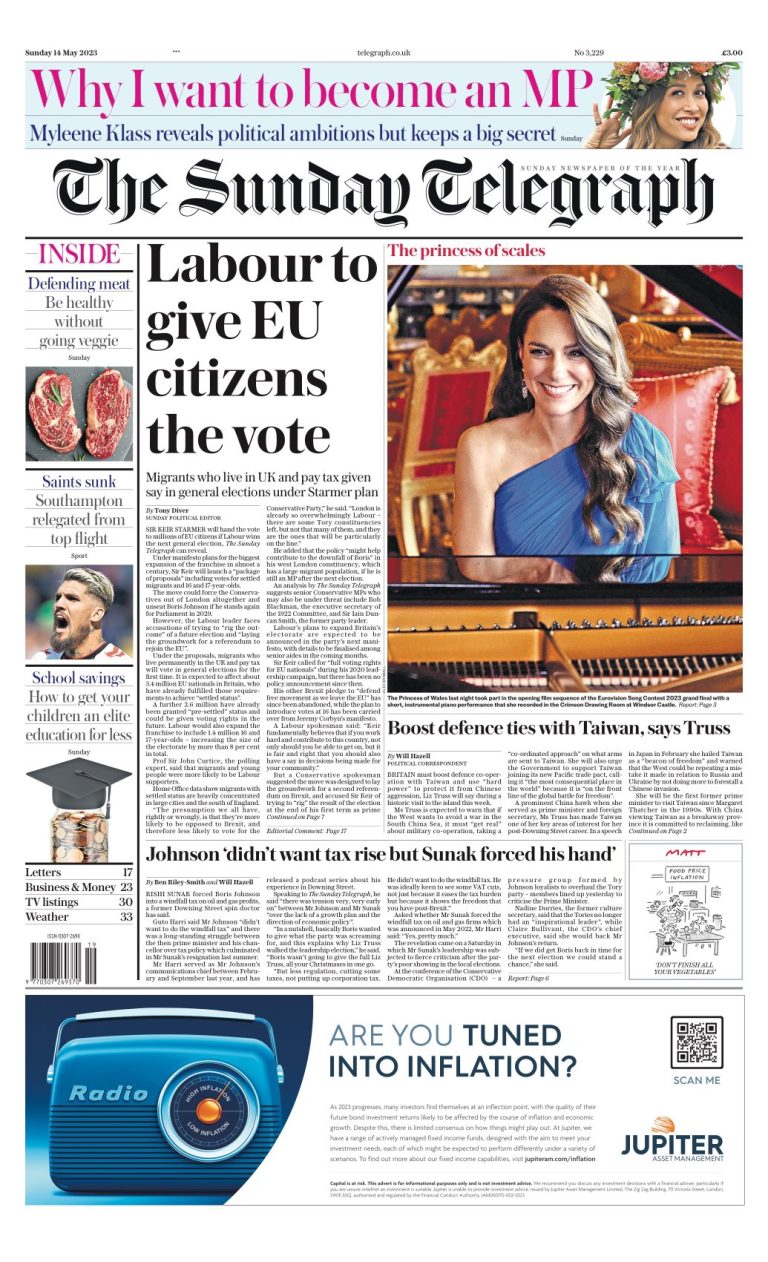 Sunday Telegraph Front Page 14th of May 2023 - Tomorrow's Papers Today!